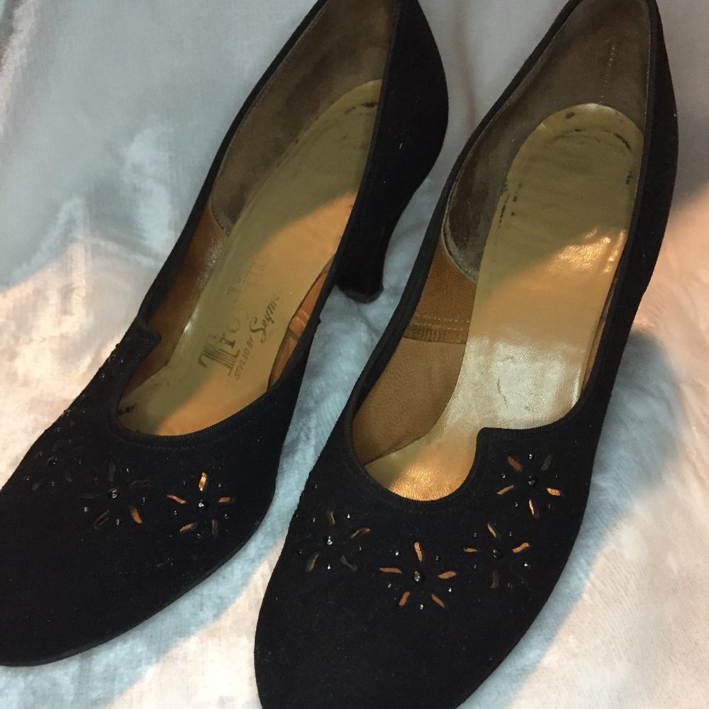 Vtg. TROYLINGS 40's BLACK Suede HEELS 7.5 AAA
